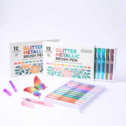 ROSYMENG 12 Colors Glitter Paint Pens, Extra Fine 0.05mm Metallic Brush Pen | Water‑Based, Smooth Ink Flow, Great for Adults DIY Crafts, Greeting Cards, Journaling, Drawing, Scrapbooks -Style B - color: 12 Colors (Style B)