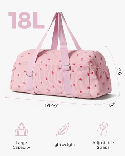 Hihealer Strawberry Gym Bag for Women & Girls, Corduroy Yoga Mat Bag with Holder, Large Capacity Dance Duffel Bag for Pilates, Travel Weekender Bag with Wet Pocket