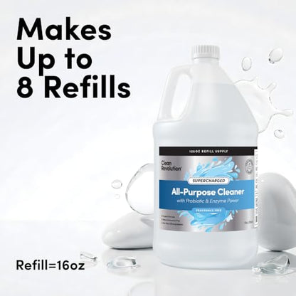 Clean Revolution SuperCharged All Purpose Cleaner Refill with Smart Probiotic + Enzyme Complex, Multi-Surface Kitchen Bathroom & Floor Cleaner, Fragrance Free, 128 Fl Oz (Pack of 1) - size: 128 Fl Oz (Pack of 1)