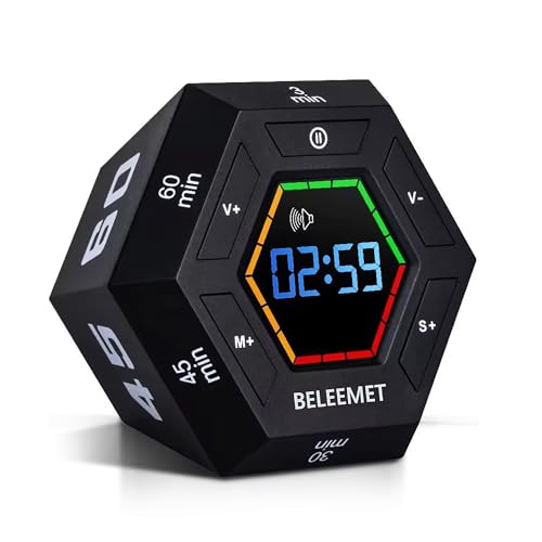 Pomodoro Timer,Hexagon Cube Magnetic Flip,ADHD Tools for Adults/Kids Task Timer for Office, Study, Exercise, Meditation,3/5/15/30/45/60min&Custom Digital Countdown, Adjustable Sound,Black