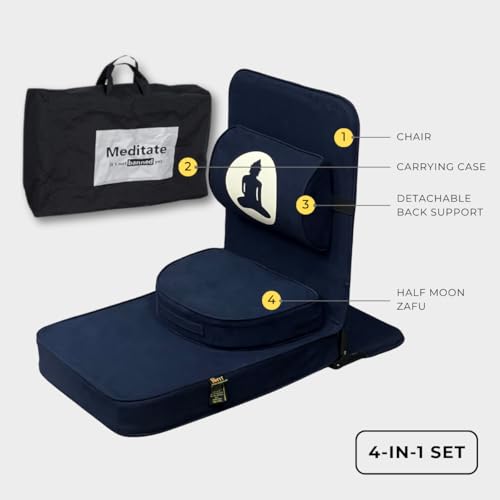 Friends Of Meditation 4-in-1 Folding Buddha Chair – Ergonomic Yoga Seat with Half-Moon Zafu, Detachable Lumbar Support & Carry Case – Navy Blue - color: Navy Blue