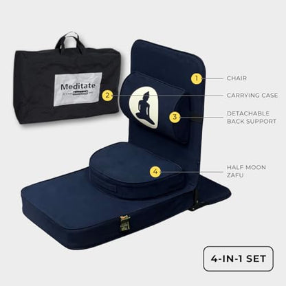 Friends Of Meditation 4-in-1 Folding Buddha Chair – Ergonomic Yoga Seat with Half-Moon Zafu, Detachable Lumbar Support & Carry Case – Navy Blue - color: Navy Blue