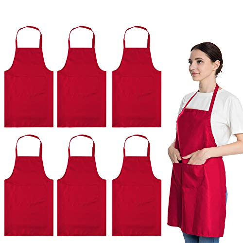 Total 6PCS Red Aprons Bulk for Women Unisex Plain Colour Bib Aprons with 2 Front Pockets Washable Apron for Painting Cooking Baking Kitchen Restaurant Crafting - color: Red