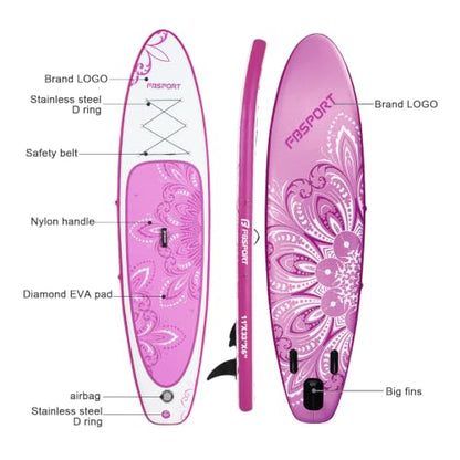 FBSPORT 11' Premium Stand Up Paddle Board, Yoga Board with SUP Accessories & Carry Bag | Wide Stance, Surf Control, Non-Slip Deck, Leash, Paddle and Pump for Youth & Adult - color: PurpleWhite