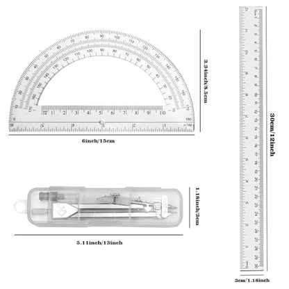 3 Packs Plastic 12 Inch Ruler,6 Inch Clear Protractor and Compasses Set Student Geometry Math Set for Classroom Set Angle Detector School Supplies Classroom Ruler Home Office Drawings