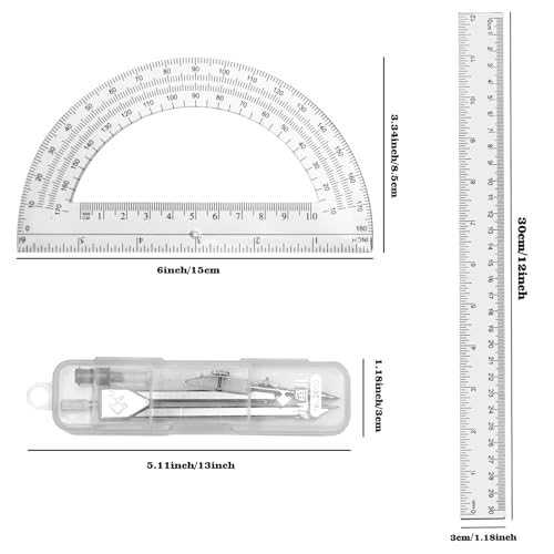 3 Packs Plastic 12 Inch Ruler,6 Inch Clear Protractor and Compasses Set Student Geometry Math Set for Classroom Set Angle Detector School Supplies Classroom Ruler Home Office Drawings