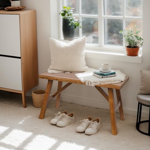 Handcrafted Solid Wood Bench, 30" - Farmhouse-Style Burnt Brown Entryway Seating for Living & Dining Room, Rustic Design, Natural Finish - color: Burnt Brown, size: 30 Inch