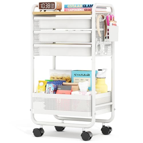 Metal Rolling Storage Cart with 3 Drawers - Utility Cart on Wheels with Pegboard & Wood Tabletop, Multifunctional Trolley Organizer with Hooks & Bin for Living Room,Bedroom,Craft Room,Office,Kids Room - color: Whtie