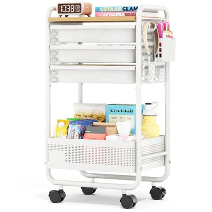 Metal Rolling Storage Cart with 3 Drawers - Utility Cart on Wheels with Pegboard & Wood Tabletop, Multifunctional Trolley Organizer with Hooks & Bin for Living Room,Bedroom,Craft Room,Office,Kids Room - color: Whtie
