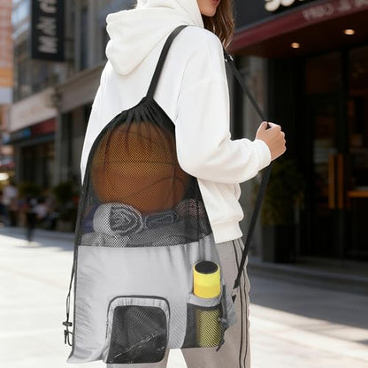 NATURAL STYLE Mesh Drawstring Gym Swim Beach bag, Large Waterproof Pool Sports Backpack for Swimming Gear Workout Yoga Travel - color: Grey