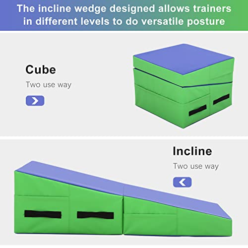 BLKMTY Incline Gymnastics Mat for Kids, 34"x24" Folding Tumbling Cheese Wedge Mats Kids Indoor Exercise Yoga Mat for Gymnastics Home Gym Mats W/Non-Slip PVC Surface and Handle - color: Blue & Green