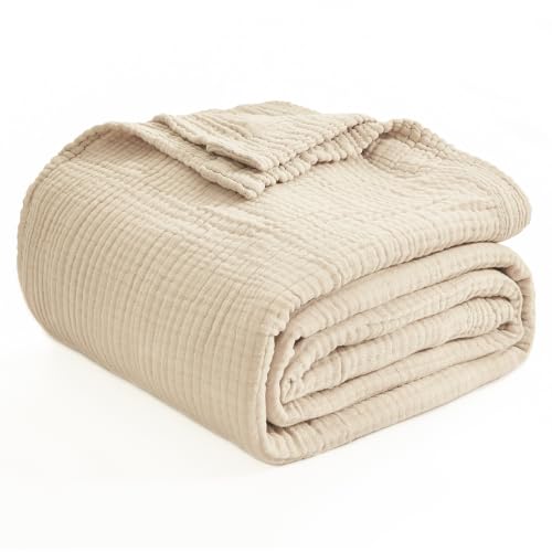 EMME Cotton Blanket Queen Size for Bed Soft Muslin Bed Blankets 90"x90" Beige Lightweight Breathable Bedspread Coverlet All Season Gauze - color: 02 - Beige, size: Queen (90" x 90")