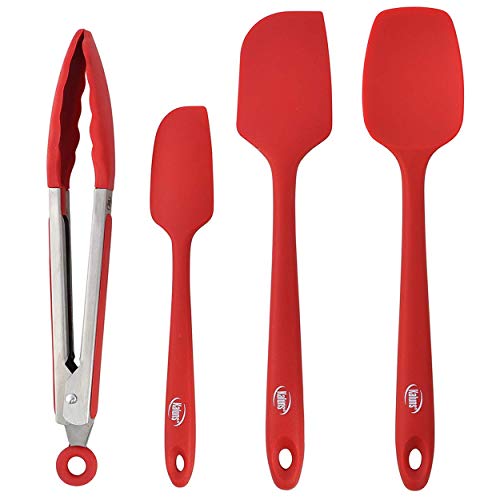 Kaluns Silicone Spatula Set 4 Pcs Rubber Spatulas Silicone Heat Resistant 600°F, Spatulas for Nonstick Cookware, Seamless Design with Stainless Steel Core, Dishwasher Safe, Bonus Tongs Included - color: 3 Pcs + Tongs Red