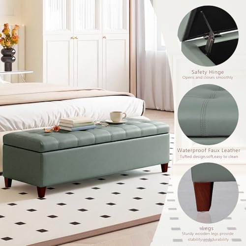 Joveco 51 Inch Storage Bench,Leather Tufted Storage Ottoman with Legs - color: 51", Gray Green