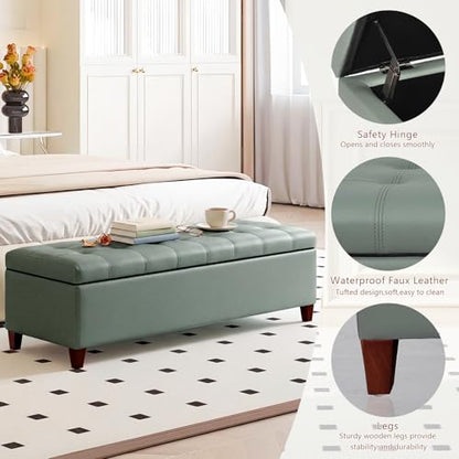 Joveco 51 Inch Storage Bench,Leather Tufted Storage Ottoman with Legs - color: 51", Gray Green