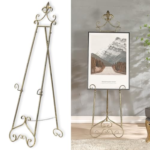60” H Vintage Easel Stand for Sign Metal Adjustable | Large Display Standing for Displaying Pictures Wedding Poster Holder Showcasing with Chain Support - color: Scrollwork Floral Top-Vintage