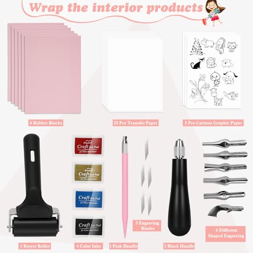 LAMPTOP 47 Pcs Block Printing Linocut Kit DIY Printmaking & Craft Projects | Rubber Stamp Making Set with Rubber Blocks,Carving Tools,Brayer & Ink,Complete Stamp Cutter Set for Beginners, Adults, Women