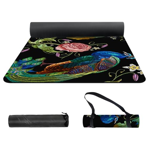 nuveti Yoga Mat Print Extra Thick TPE Non Slip Fitness Exercise Mat with Carrying Bag,72"x24" Extra Thick 6MM Exercise & Workout Mat for Yoga, Pilates Fitness and Floor Exercises - color: Peacock