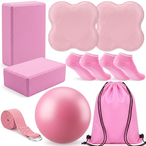 9 Pcs Yoga Set with EVA Foam Yoga Blocks Brick Tpe Cushion Knee Pads Strap Non Slip Socks Sport Ball Drawing Bag, Portable Fitness Equipment for Studio Gym Home Sport - color: Pink