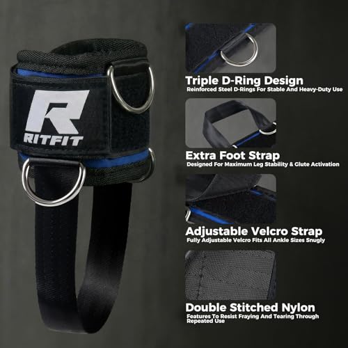 RitFit Kickback 발목 스트랩 패딩 발목 스트랩, 케이블 기계용, 강력한 후크 및 루프, 강화된 3 D링, 조절 가능한 편안한 핏 네오프렌 - 복근, 둔근 및 다리 운동을 향상시키는 프리미엄 발목 커프스 - color: 블루.