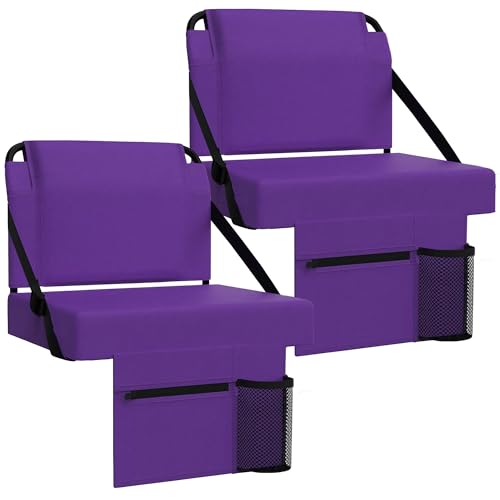 2pcs Stadium Seat for Bleachers with Back Support，Portable Bleacher Chairs with Back and Cushion，Includes Shoulder Strap and Cup Holder - color: Purple,2 Pack