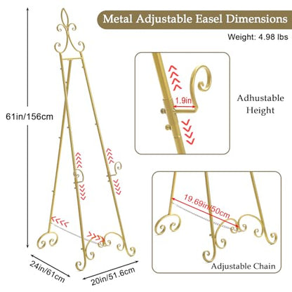 61”H x 20”L x 24”W Metal Extra Large Free Standing Display Stand Easel | Gold Scroll Floor Easel Stand for Sign Wedding Mirror Picture Frame, with Adjustable Chain
