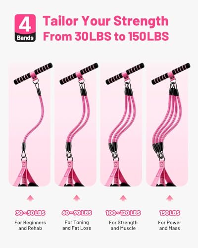 Multifunction Pedal Resistance Band with Handle, 4 Tubes 30/40/50LB Adjustable Foot Pedal Puller Resistance Band with Foam Handle& Storage for Men Women Core, Arm, Legs, Body Workout Home Gym, Pink