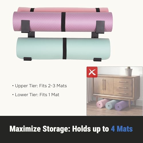 2-Tier Steel Yoga Mat Wall Mount, Adjustable Width, Holds 4 Mats