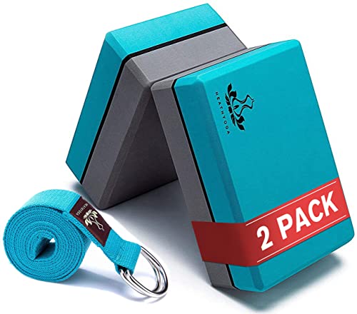 Heathyoga Yoga Blocks 2 Pack with Strap, High Density EVA Foam Yoga Block and Yoga Strap Set to Support and Improve Poses and Flexibility - color: Turquoise