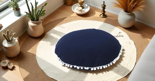 Mandala Barmeri Large Floor Pillow Cover Cushion Meditation Seating Ottoman Throw Cover Hippie Decorative Zipped Bohemian Pouf Ottoman Poufs, Pom Pom Pillow Cases (Blue, 32" Round) - color: Blue, size: 32"D x 4"W x 32"H