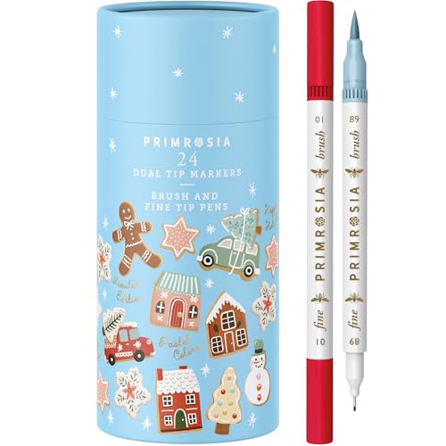 Primrosia 24 Dual Tip Marker Pens – Christmas Sugar Cookie Limited Edition Gift Pack. Pastel & Holiday Colours for Coloring, Journaling, Card Making, Tags & Creative Projects. Brush & Fine Tips - color: Christmas Cookies
