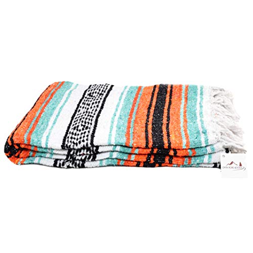Open Road Goods Multi Color Mexican Falsa Blanket - Handwoven in Mexico - Great for The Beach, Picnics, Yoga, or a Throw! (Mint/Orange) - color: Mint/Orange