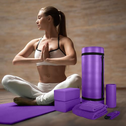 BalanceFrom 7-Piece Yoga Set with 71x24x1 Inches Extra Thick Mat and Carrying Sling – Includes 2 Blocks, Stretch Strap, 2 Towels, and Knee Pad for Home, Studio, and Gym Workouts - color: Purple