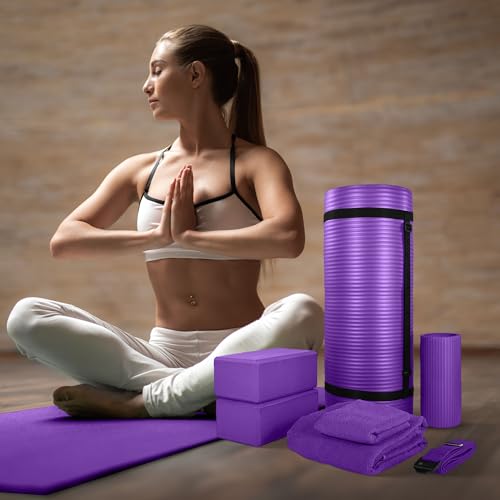 BalanceFrom 7-Piece Yoga Set with 71x24x1 Inches Extra Thick Mat and Carrying Sling – Includes 2 Blocks, Stretch Strap, 2 Towels, and Knee Pad for Home, Studio, and Gym Workouts - color: Purple
