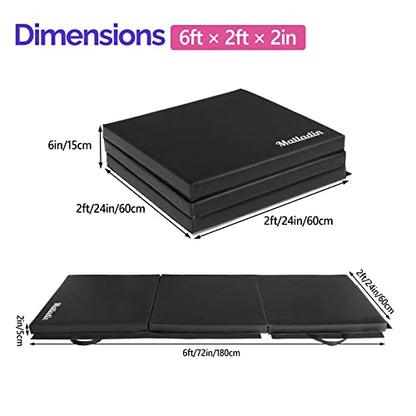 Matladin 6' Folding Tri-fold Gymnastics Gym Exercise Aerobics Mat, 6ft x 2ft x 2in PU Leather Tumbling Mats with Hook & Loop Fastener for Stretching Yoga Cheerleading Martial Arts - color: Black