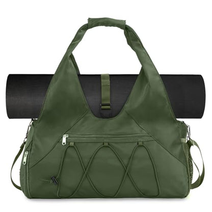 Forestfish Gym Bag For Women With Yoga Mat Holder, Army Green | Shoe Compartment, Wet Dry Storage Pocket, Removable Shoulder Strap, Lightweight & Water Resistant - color: Army Green