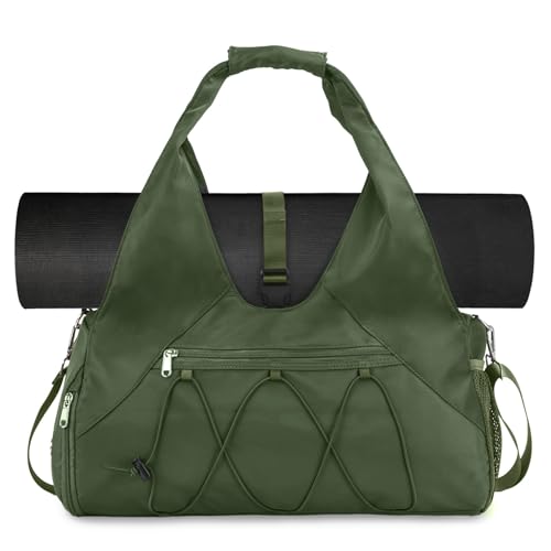 Forestfish Gym Bag For Women With Yoga Mat Holder, Army Green | Shoe Compartment, Wet Dry Storage Pocket, Removable Shoulder Strap, Lightweight & Water Resistant - color: Army Green