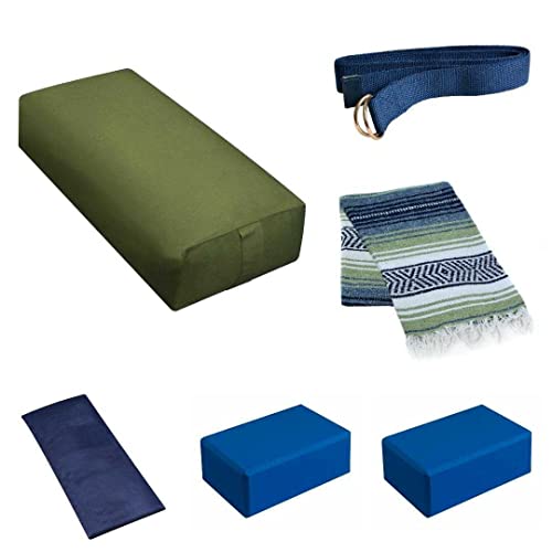 6 Piece Restorative Yoga Kit | Includes 1 Yoga Bolster (24"x12"x6"), 2 Blocks (4"x6"x 9"), 1 6ft D-Ring Strap, 1 Mexican Blanket, 1 Unscented Eye Pillow - color: Moss Green - Option 2