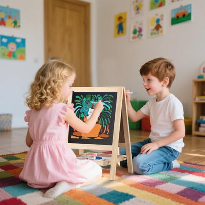 Tabletop Wooden Art Painting Easel for Kids 2-4, Chalkboard & Double-Sided Drawing Whiteboard for Toddlers, 4-in-1 Desk Easel with Magnetic Letters/Numbers & Flashcards Markers, Eraser