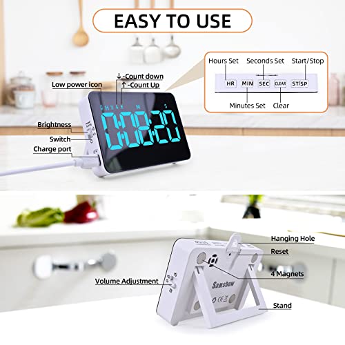 Samshow Rechargeable Digital Kitchen Timer, Ice Blue, 5 Inch | Countdown/Up, 3 Adjustable Brightness, 4 Adjustable Volume , 5" LED Display, Magnetic, For Classroom/Office/Home/Work/Game - color: Blue