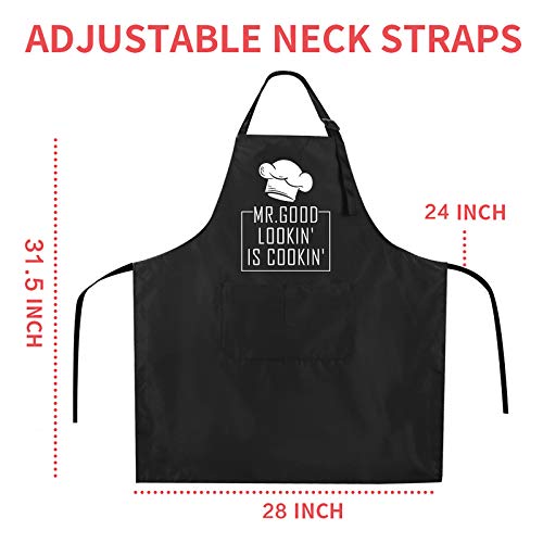 Rosoz Funny BBQ Black Chef Aprons for Men, Mr Goodlookin' is Cookin' | Adjustable Kitchen Cooking Aprons, Waterproof Oil Proof ,2 Pockets, Long Ties, Dad Gifts for Birthday Father's Day Christmas