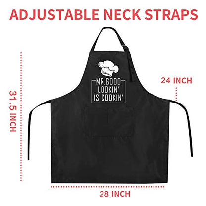 Rosoz Funny BBQ Black Chef Aprons for Men, Mr Goodlookin' is Cookin' | Adjustable Kitchen Cooking Aprons, Waterproof Oil Proof ,2 Pockets, Long Ties, Dad Gifts for Birthday Father's Day Christmas