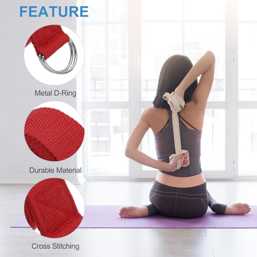 PATIKIL Yoga Strap for Stretching Cotton Yoga Belt with Adjustable Metal D-Ring Buckle Stretch Band for Fitness Pilates - color: Red