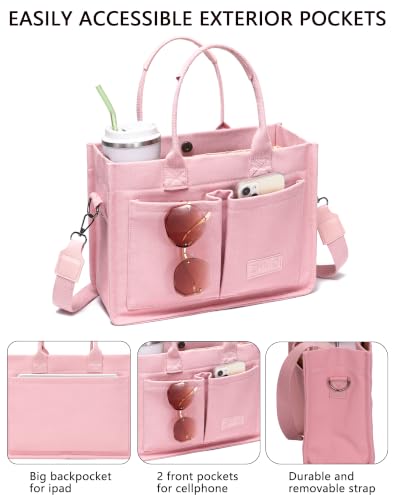 ZHMO Canvas Tote Bag for Women,Women's Bags Crossbody Bags Work Laptop Tote Bag Large Handbags Purse for Travel Nurse Teacher - color: Pink With Compartments