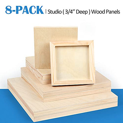 Falling in Art 8 Pack 4 Sizes Unfinished Birch Wood Canvas Panels Kit | Studio 3/4’’ Deep Wood Canvas, Cradle Boards for Painting, Pouring, Burning, Crafts, Epoxy Resin, Laser Engraving Cutting - size: 6*6 8*8 10*10 12*12 2-Pack