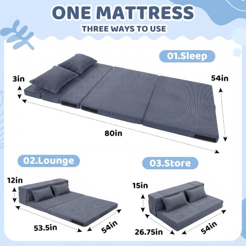 Tri-Fold Futon Mattress, Foldable Japanese Floor Sleep Mattress, High-Density Foam Tatami Bed Mat with Corduroy Cover, Floor Bed for Guest Room, Guest Bed & Flexible Living (Navy Blue,Full) - color: Navy Blue, size: Full (75"L x 54"W x 3"Th)