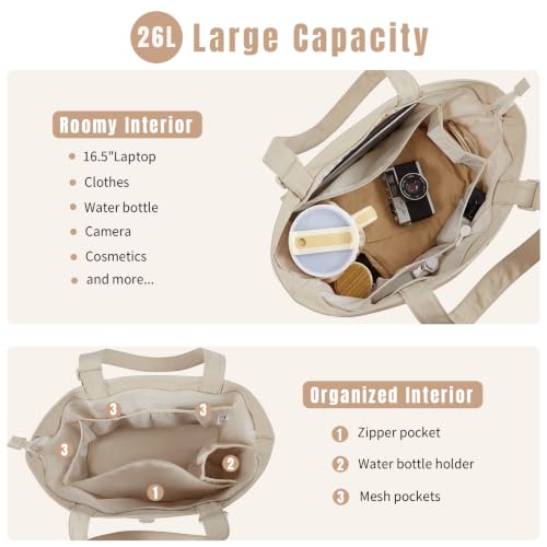 Travel Tote Bag for Women, Large Nylon Bag with Yoga Mat Strap and Luggage Sleeve,Shoulder Bag for Daily Use - color: Beige