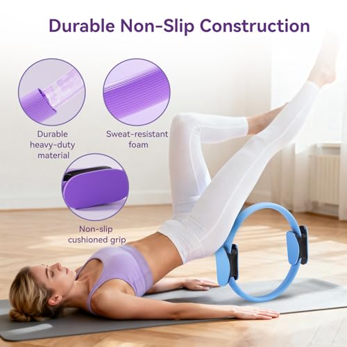 Pilates Kit for Women,15 Inch Magic Circle, 6 Multi-Level Resistance Bands,Yoga Ball Socks, Back Neck Stretcher ,14-Piece Full Body Toning Pilates Equipment for Beginners, 15 Min Daily Routine - color: Blue