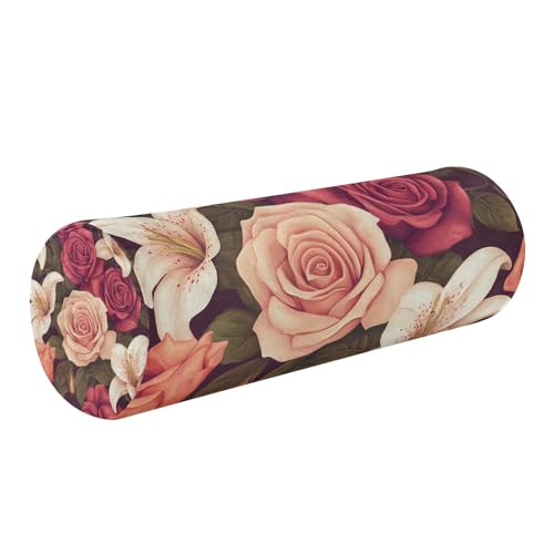 Roses and Lily Flowers Neck Roll Pillow Bolster Round Health Memory Foam Long Cervical Cylinder Pillows with Removable Washable Cover for Body Bed Legs Back Yoga - color: Roses and Lily Flowers
