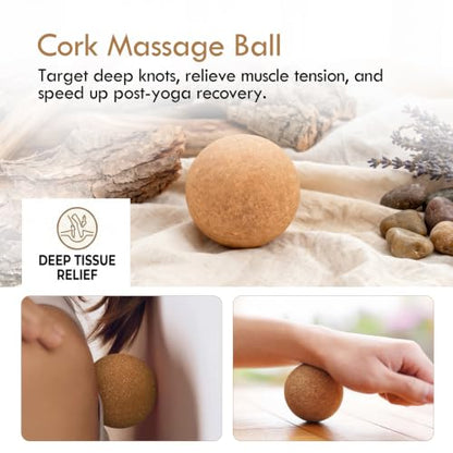 2 Pack Half Moon Cork Yoga Blocks with Cork Massage Ball, Calf Raise Block & Calf Stretcher, Foot Balance Trainer for Plantar Fasciitis Relief, Yoga Pilates Dance Stretching & Myofascial Release